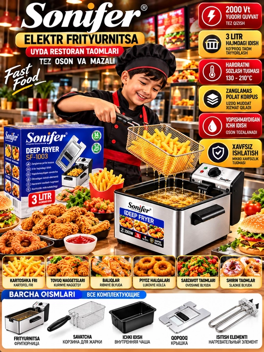 Sonifer sf 1003 электрофритюрница 3 литра 2000 вт регулировка температуры 130 210°c