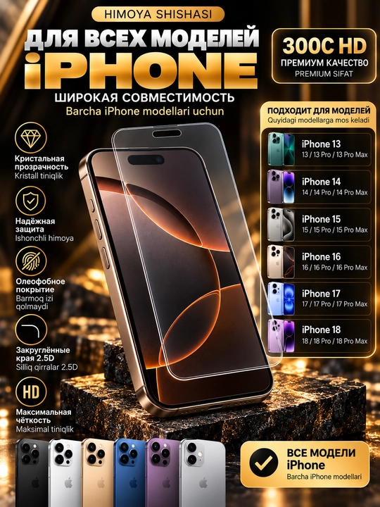 IPhone 13–18 Pro va Pro Max uchun himoya oynasi, ramkasiz, shaffof, qora ramkasiz