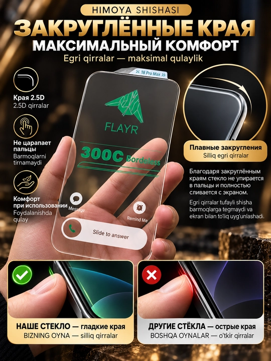 IPhone 13–18 Pro va Pro Max uchun himoya oynasi, ramkasiz, shaffof, qora ramkasiz