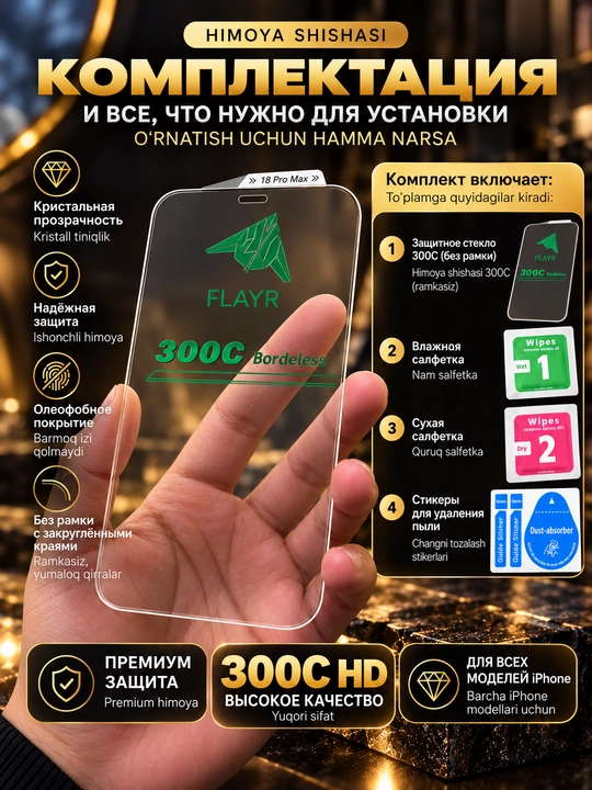 IPhone 13–18 Pro va Pro Max uchun himoya oynasi, ramkasiz, shaffof, qora ramkasiz
