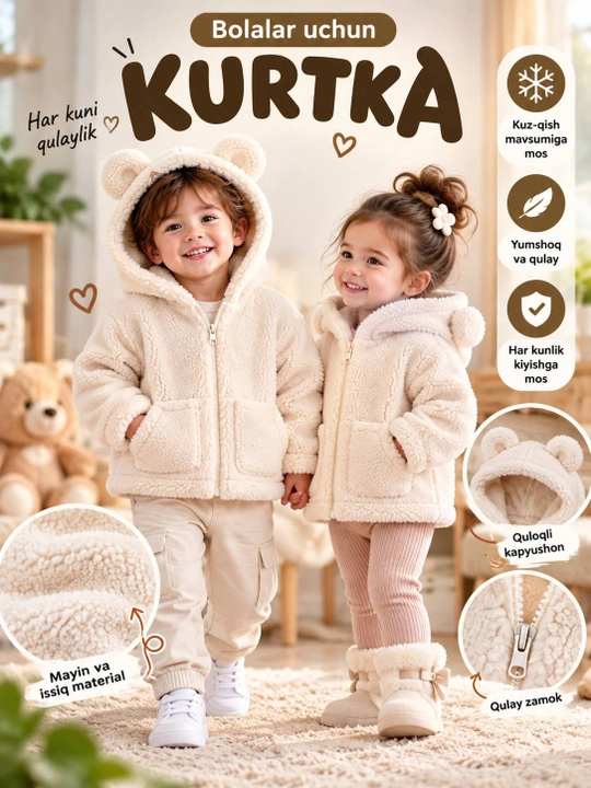 Bolalar kurtkasi, o'g'il va qiz bolalar uchun, qishki kiyimlar, teddy kurtka, jemfer - 