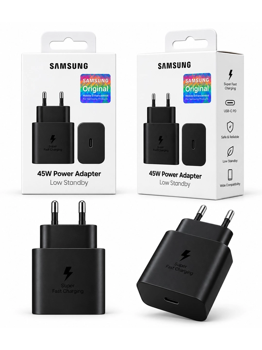 Samsung 45W tezkor zaryadlovchi adapter, USB-C, qora, telefon uchun