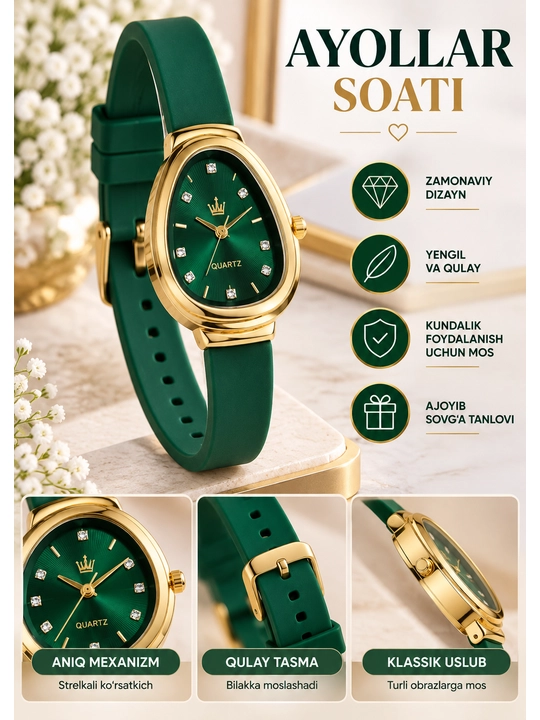 Ayollar soati, yashil soat, oltinrang soat, qo‘l soati, ayollar aksessuari, sovg‘a - 