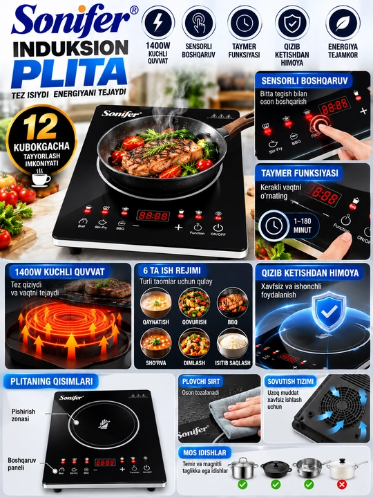 Sonifer induksion plita 1400 vt sensorli elektr plita 6 rejim taymerli