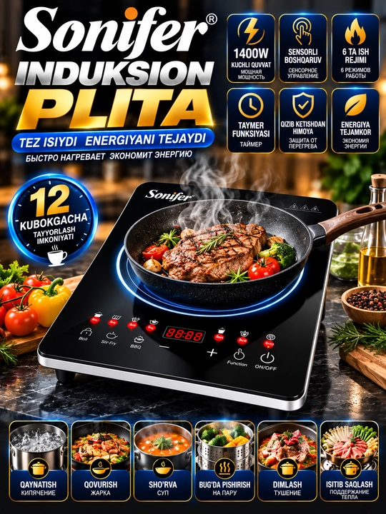 Sonifer induksion plita 1400 vt sensorli elektr plita 6 rejim taymerli - 