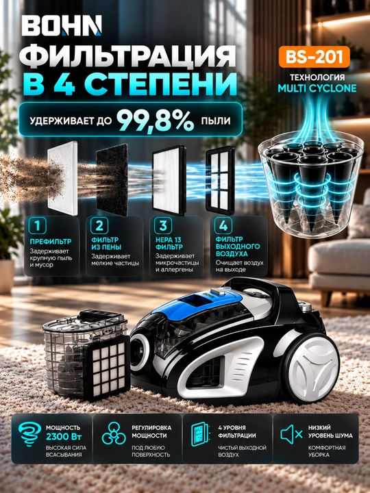 BOHN BS-201 changyutgichi, quvvatli 2300 Vt, HEPA-filtrli, uy va gilamlarni tozalash uchun