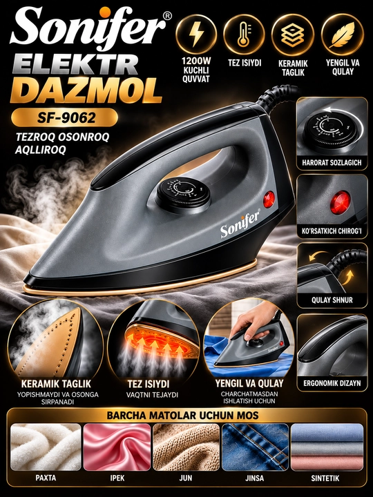Sonifer sf 9062 elektr dazmol 1200 vt keramik taglik harorat sozlagichli