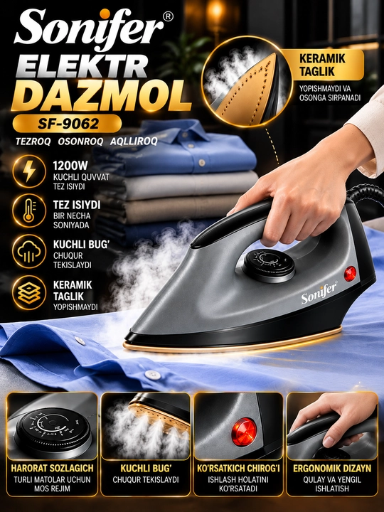Sonifer sf 9062 elektr dazmol 1200 vt keramik taglik harorat sozlagichli