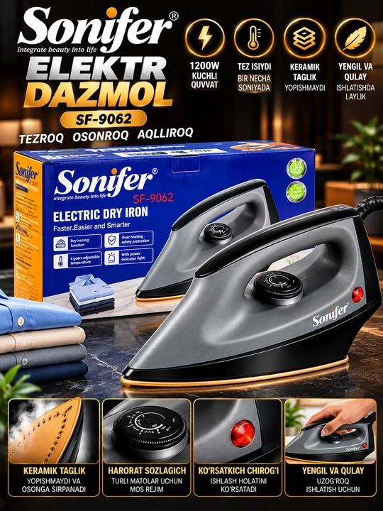 Sonifer sf 9062 elektr dazmol 1200 vt keramik taglik harorat sozlagichli - 