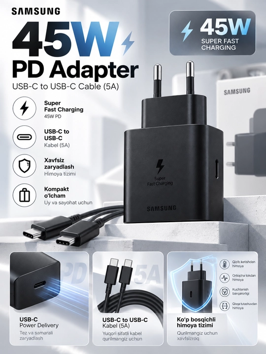 45W PD tezkor zaryadlovchi adapter, USB-C, 5A kabel bilan, qora - 