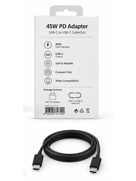 45W PD tezkor zaryadlovchi adapter, USB-C, 5A kabel bilan, qora