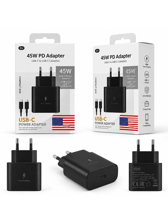 45W PD tezkor zaryadlovchi adapter, USB-C, 5A kabel bilan, qora