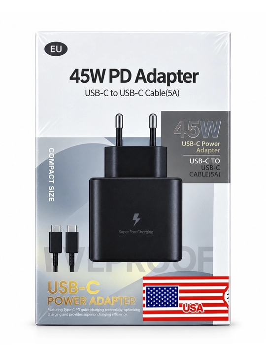 45W PD tezkor zaryadlovchi adapter, USB-C, 5A kabel bilan, qora