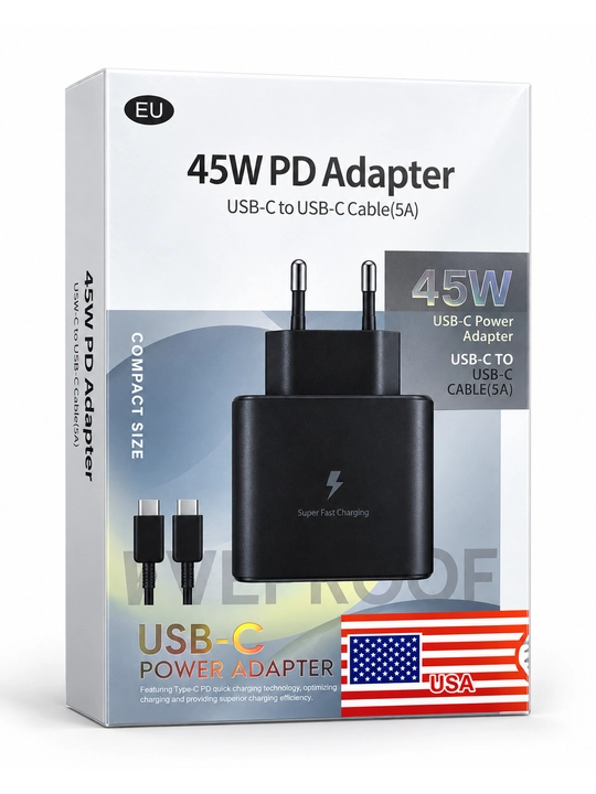 45W PD tezkor zaryadlovchi adapter, USB-C, 5A kabel bilan, qora