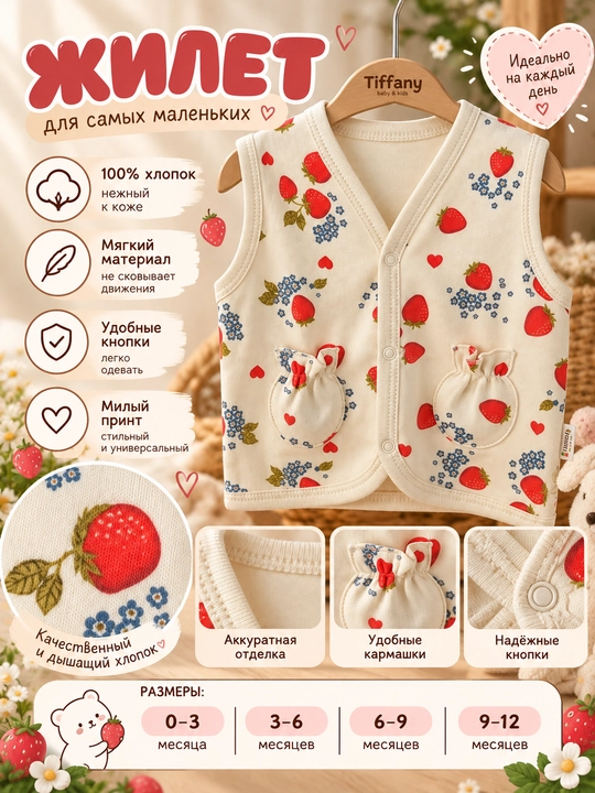 Tiffany Baby Strawberry Garden organik bolalar jileti, qulupnay va gullar naqshi bilan - 