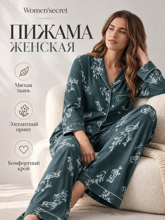 Женская пижама Women’secret тёмно-зелёного цвета с принтом - 