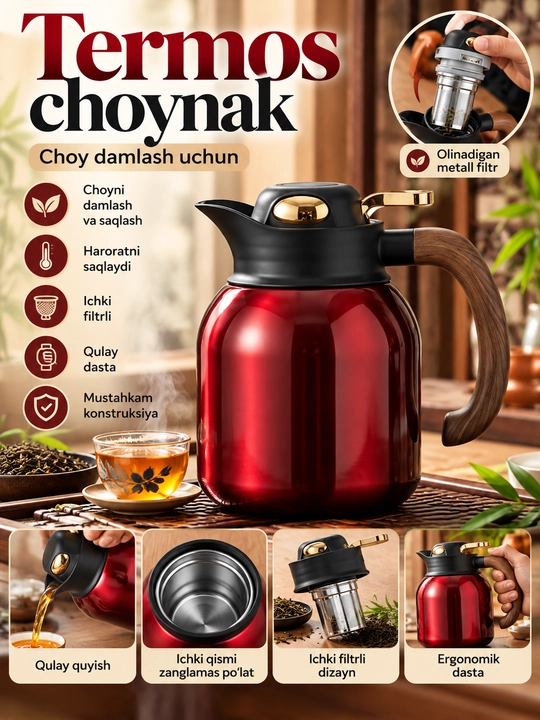 Choy va qahva uchun termos choynak, issiqlikni uzoq saqlovchi, qulay dastali termos - 