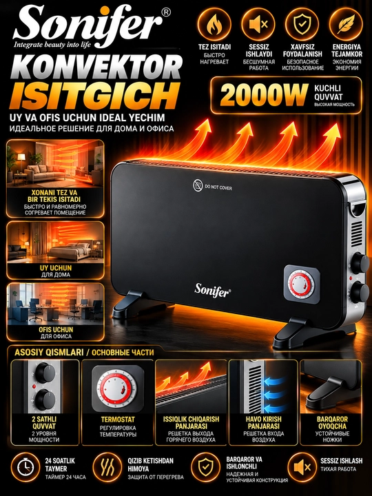 Sonifer 2000 vt elektr konvektor isitgich termostatli 2 rejim 24 soat taymer - 