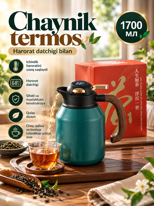 Choy va qahva uchun termos choynak, issiqlikni uzoq saqlovchi, qulay dastali termos