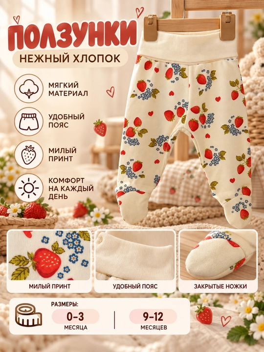 Tiffany Baby Strawberry Garden organik bolalar polzunkisi, qulupnay va gullar naqshi bilan - 