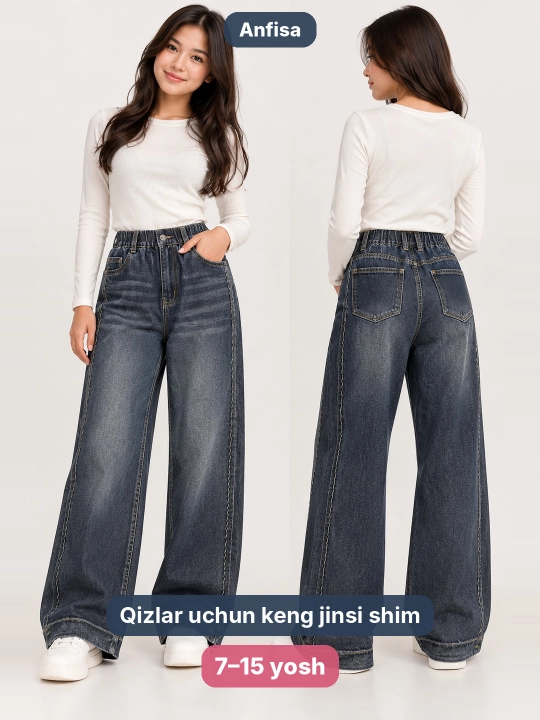Qizlar jinsi shimi cho'ntakli, keng bichim, maktab kundalikka shimlar qizlarga, bryuk - 