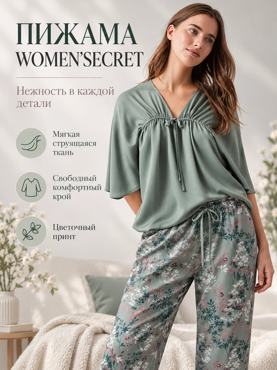 Women’secret ayollar pijamasi, yashil rangli keng yengli kofta va gulli naqshli shim - 