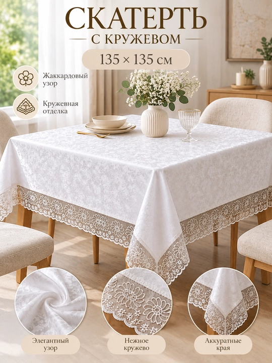 Скатерть белая на стол 135×135 см, кружевная, с узором, для кухни и гостиной - 