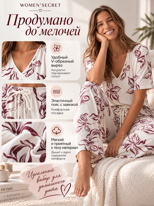 Women’secret ayollar pijamasi, oq rangli bordo gulli naqshli futbolka va shim to‘plami