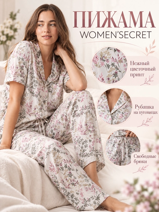 Women’secret ayollar pijamasi, gulli naqshli kalta yengli kofta va uzun shimli - 