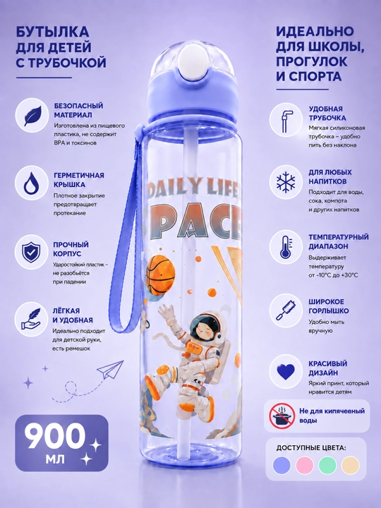 Бутылка для воды детская 900 мл с трубочкой и крышкой на замке