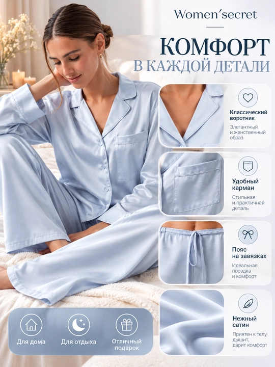 Women’secret ayollar atlas pijamasi, och ko‘k rangli, tugmali kofta va uzun shim - 