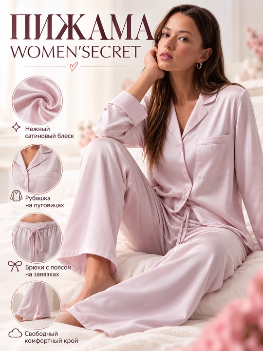 Women’secret ayollar atlas pijamasi, pushti rangli, tugmali kofta va uzun shim
