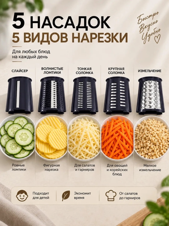 Терка барабанная ручная для овощей и сыра, 5 насадок, на присоске