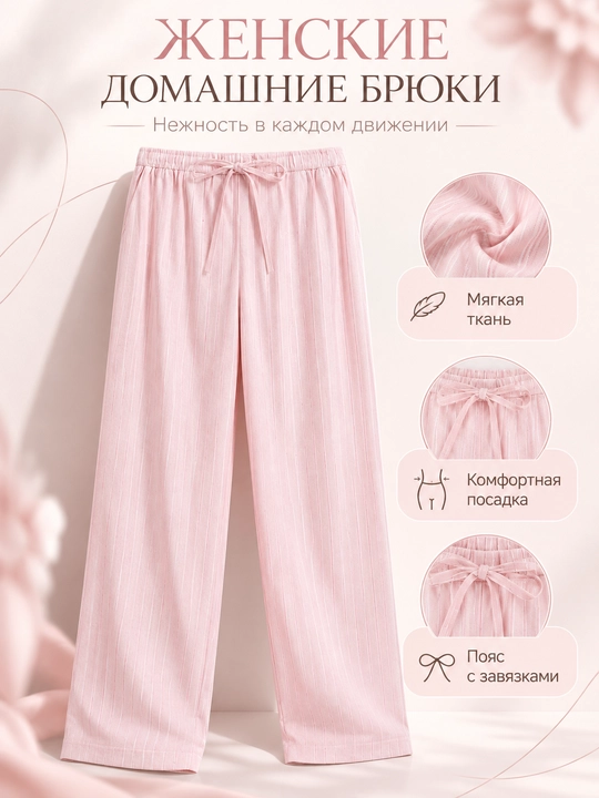 Ayollar uchun pushti chiziqli uy shimlari, bog‘ichli bel, Women’secret