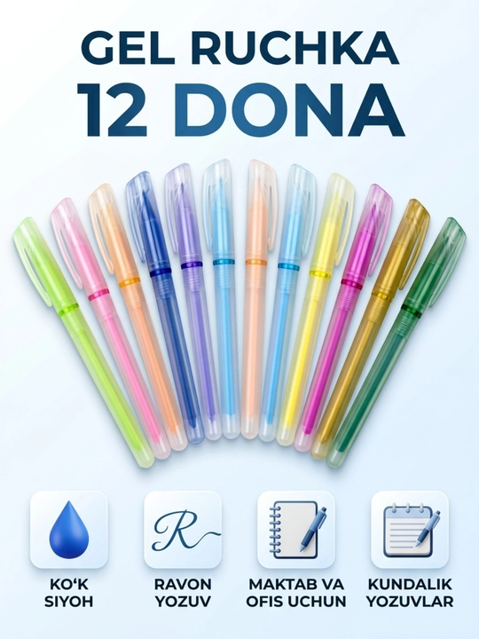 Gel ruchka, ko‘k siyohli, 12 dona to‘plam - 
