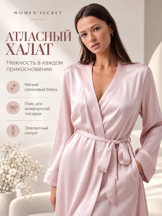 Ayollar uchun pushti atlas xalat, belbog‘li, uzun yengli, Women’secret - 