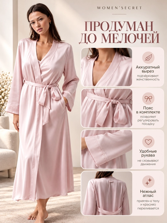 Ayollar uchun pushti atlas xalat, belbog‘li, uzun yengli, Women’secret