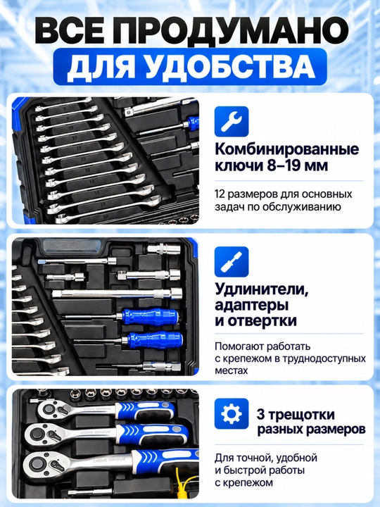 Набор инструментов DALI 121 предмет, 1/4 и 1/2 дюйма, с ключами и головками