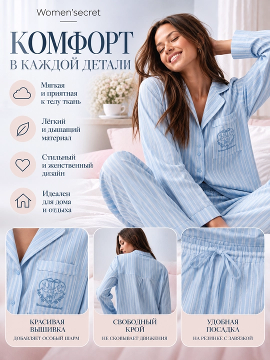 Ayollar uchun ko‘k chiziqli pijama, uzun yengli tugmali ko‘ylak va shim, Women’secret