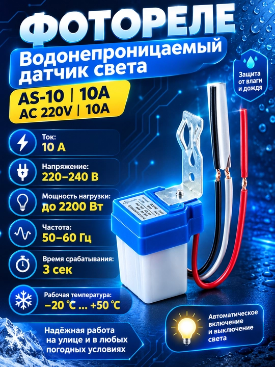 Fotorele AS-10 10 A, avtomatik yoqish va o'chirish, ko'cha yoritgichi - 