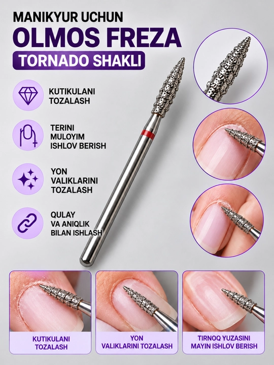 Manikyur uchun olmos freza Tornado Alanga shakli - 