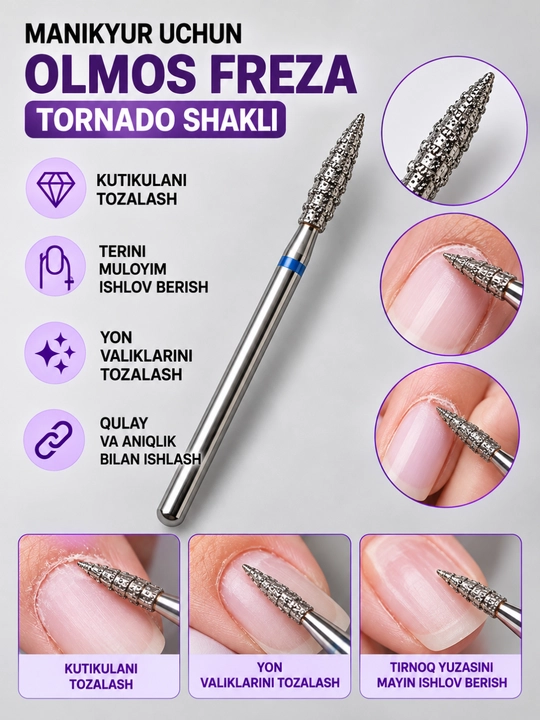Manikyur uchun olmos freza Tornado Alanga shakli - 