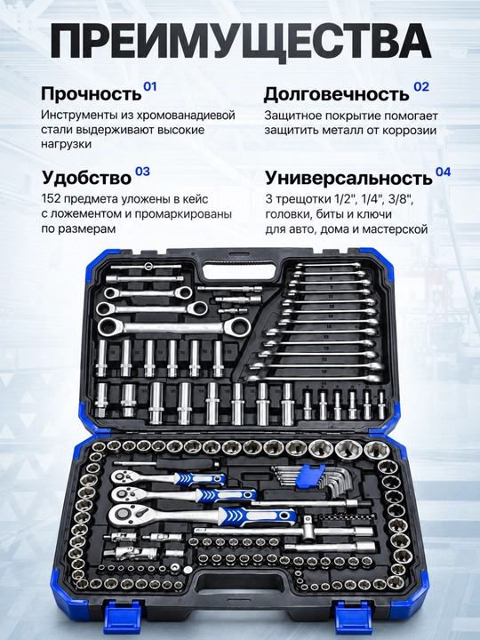 Набор ключей и торцевых головок DALI 152 предмета, 1/4, 3/8 и 1/2 дюйма