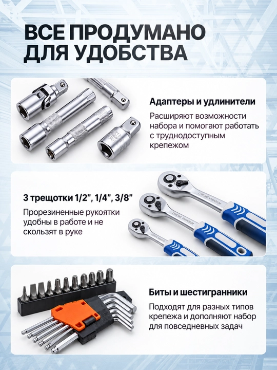 Набор ключей и торцевых головок DALI 152 предмета, 1/4, 3/8 и 1/2 дюйма
