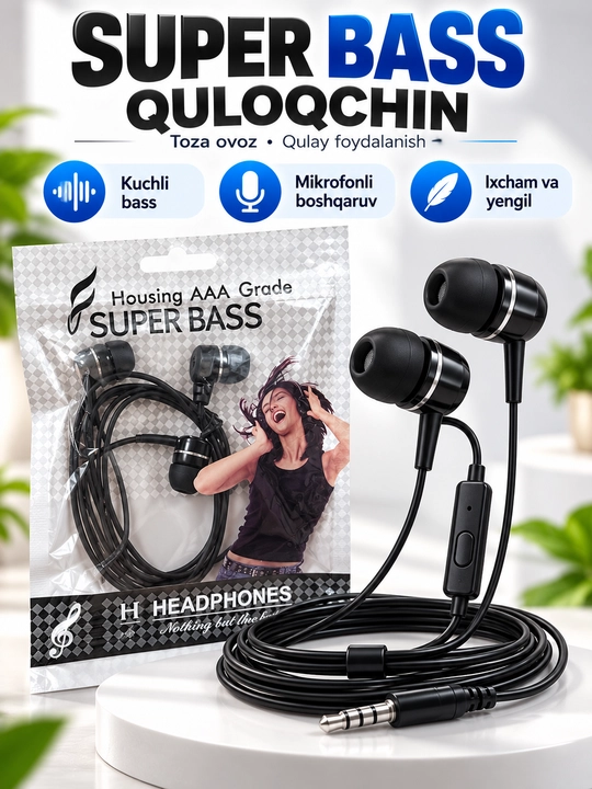Super Bass simli quloqchin, mikrofonli, 3.5 mm AUX, qora - 