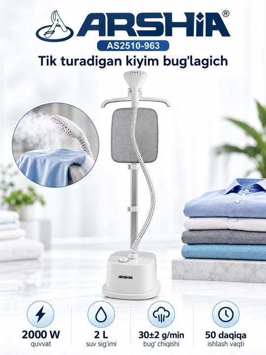 ARSHIA AS2510-963 bug‘li dazmol 2000W, elektr dazmol, kiyimlarni tekislash uchun dazmol - 