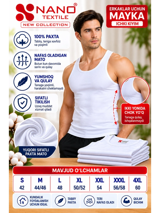 NANO textil erkaklar ichki maykasi, O'zbekiston, S-4XL o'lchamli - 