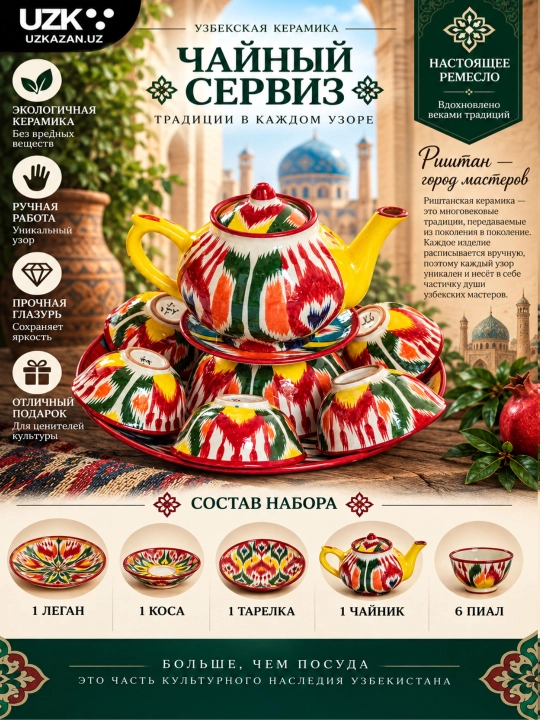 Риштанский чайный сервиз ручной работы — керамика, узбекский орнамент