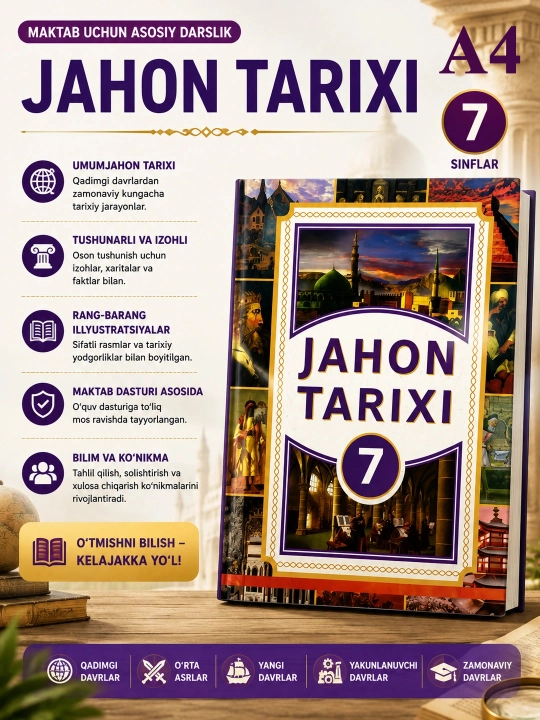Jahon tarixi, 7-sinf, A4 format, o'zbek tilida - 
