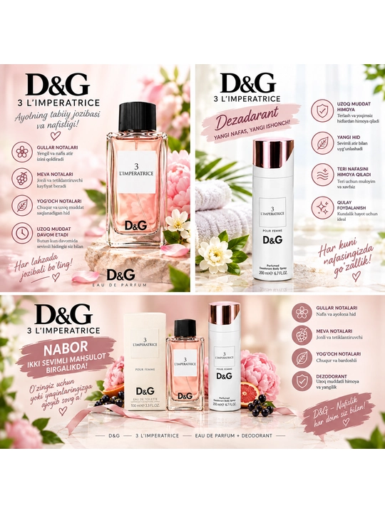 Dolce gabbana, D&G, Ayollar uchun parfyumeriya to'plami, D&Gatir 100 ml, dezodarant 200 ml - 